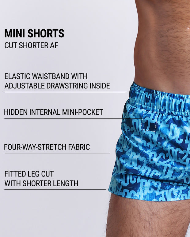 Infographic explaining the many features of the WET Mini Shorts. These MINI SHORTS have elastic waistband with adjustable drawstring inside, hidden internal mini-pocket, 4-way stretch fabric, and are quad friendly with shorter leg length. 