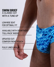 Infographic explaining the classic cut with a tune-up WET Swim Brief by DC2. These men swimsuit is low-rise seat for optimal fit, available with or without 'Full-Pack' insert, comfier front pouch, and fully lined inside.