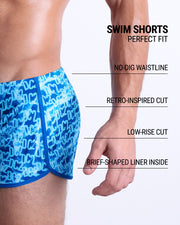 Infographics explaining how perfect the BANG! Clothes Swim Shorts in WET. They have a no-dig waistline, retro-inspired cut, low-rise cut, and have a brief-shaped liner inside.