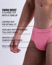 Infographic explaining the classic cut with a tune-up WHISPERING ROSE Swim Brief by DC2. These men swimsuit is low-rise seat for optimal fit, available with or without 'Full-Pack' insert, comfier front pouch, and fully lined inside.
