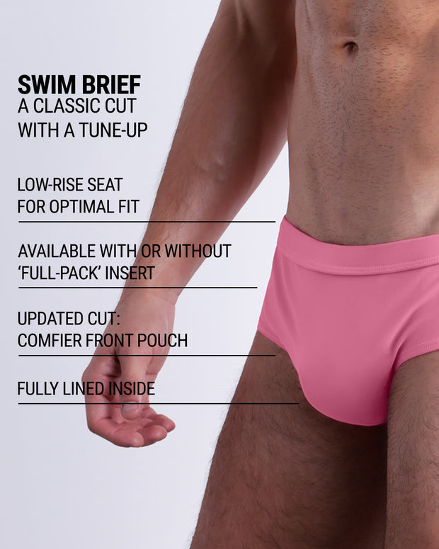 Infographic explaining the classic cut with a tune-up WHISPERING ROSE Swim Brief by DC2. These men swimsuit is low-rise seat for optimal fit, available with or without &