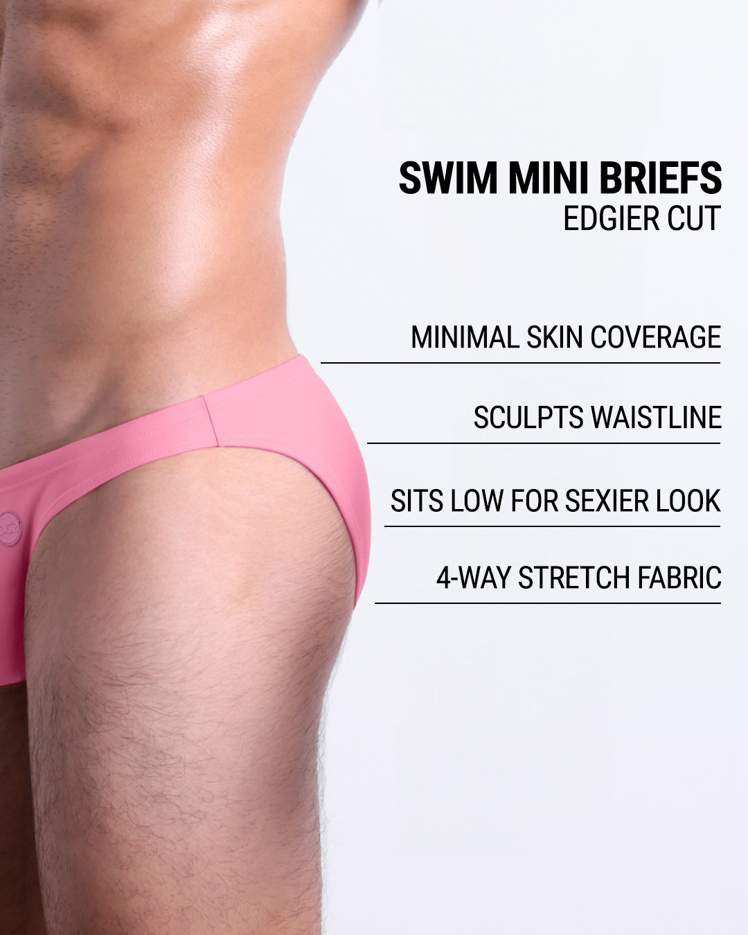Infographic explaining the edgier cut of the Swim Mini Briefs. Features sculpt waistline, 4-way stretch fabric, sits low for sexier look, and has quick-dry material.