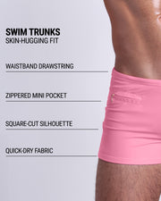 Infographic explaining the Swim Trunks swimming shorts by DC2. These Swim Trunks have a skin-hugging fit, have a waistband drawstring, zippered mini pocket, square-cut silhouette and quick-dry fabric.