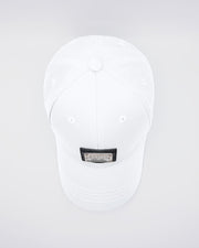 Close-up of a WHITE Baseball Cap with polished DC2 metallic silver plaque. Features ventilation eyelets on the cap to provide extra breathability, perfect for active wear.