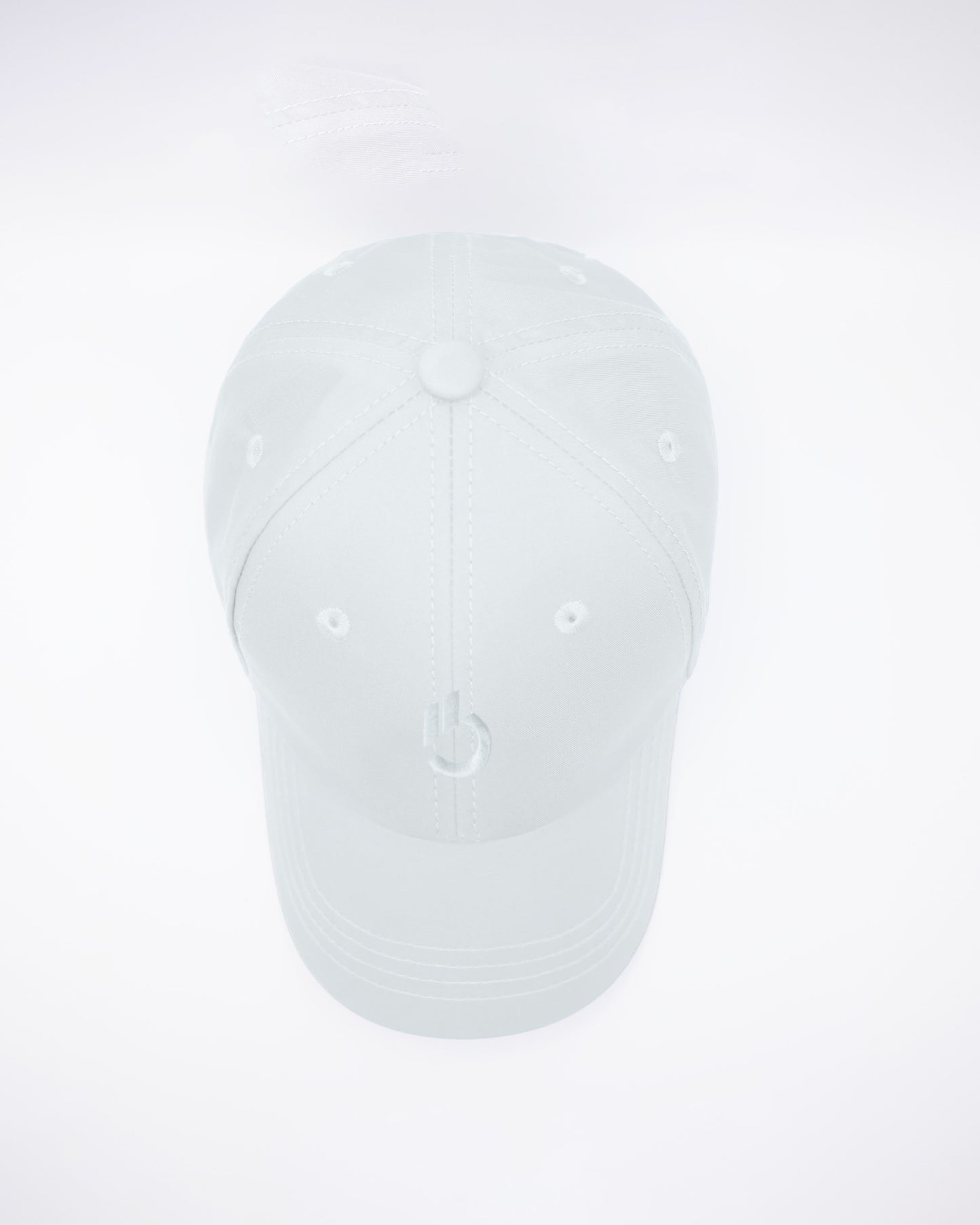 DC2 White Resort Cap — top view highlighting the six-panel construction, stitched seams, and breathable eyelets.