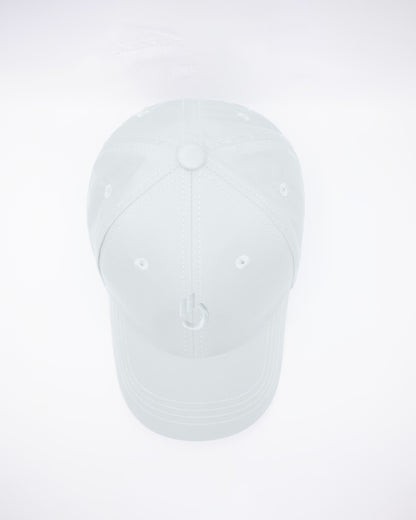 DC2 White Resort Cap — top view highlighting the six-panel construction, stitched seams, and breathable eyelets.