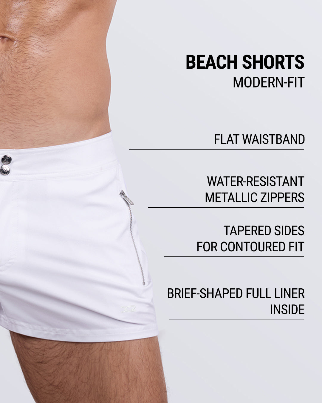 White Party Beach Shorts infographic highlighting a flat waistband, water-resistant metallic zippers, tapered sides, and a built-in brief liner.