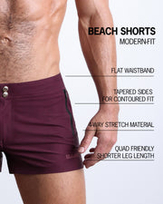 Infographic explaining the many features of these modern fit VERY BERRY Beach Shorts by BANG! Clothes. These swimming shorts have a flat waistband, tapered sides for a contoured fit, 4-way stretch material, and quad-friendly leg length. 
