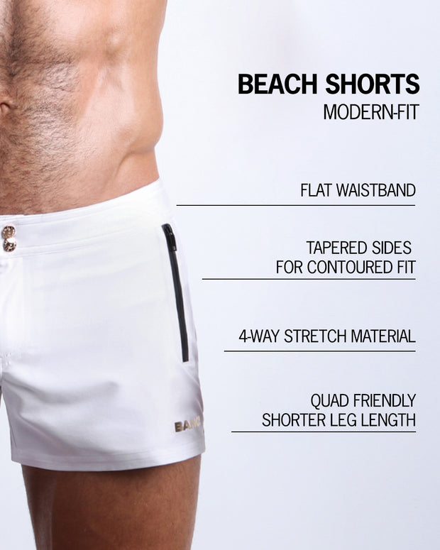 Infographic explaining the many features of these modern fit WHITE PARTY Beach Shorts by BANG! Clothes. These swimming shorts have a flat waistband, tapered sides for a contoured fit, 4-way stretch material, and quad-friendly leg length. 