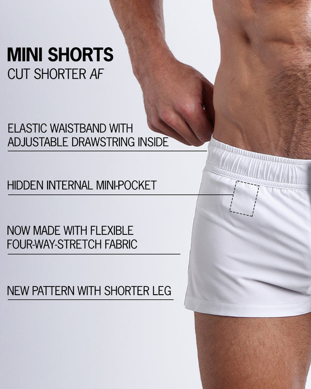 Infographic explaining the WHITE PARTY Mini Shorts features and how they&