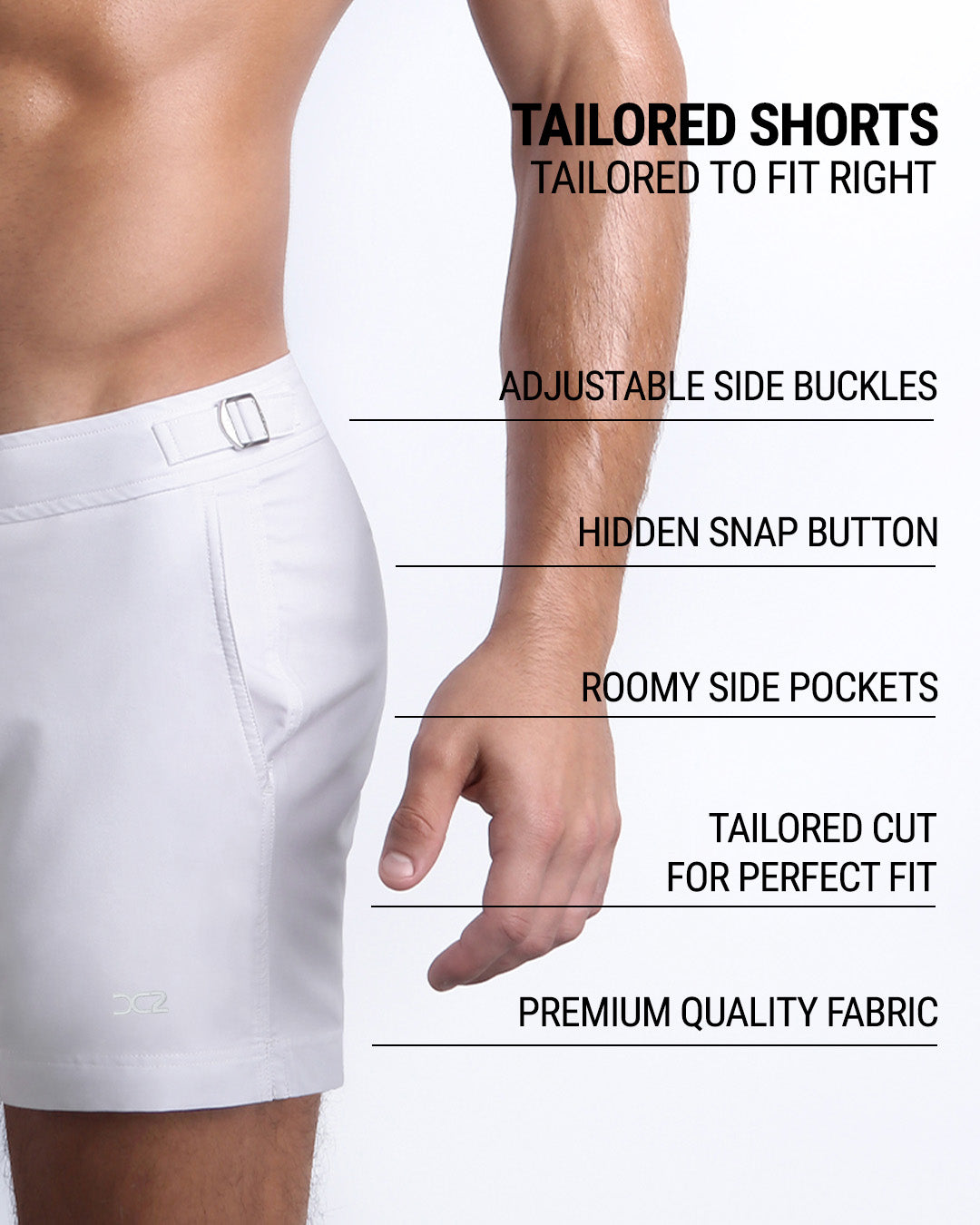White Party Tailored Shorts infographic featuring adjustable side buckles, hidden snap button, roomy side pockets, tailored fit, and premium fabric.
