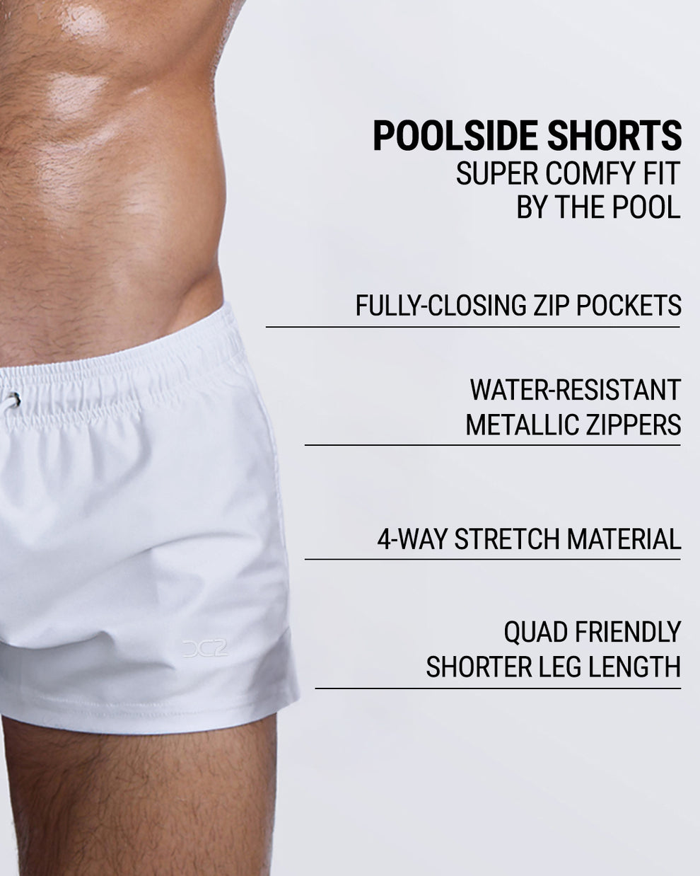 White Party DC2 Poolside Shorts—featuring zip pockets, water-resistant zippers, and shorter leg silhouette.