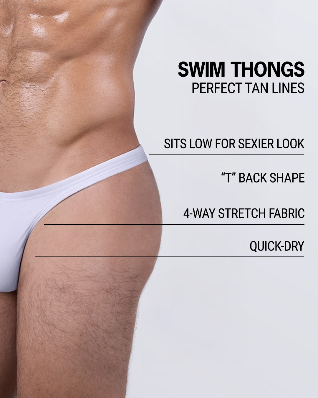 WHITE PARTY Swim Thong — low-rise front, quick-dry fabric, and 4-way stretch for a bold beach look.