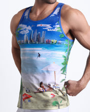 Side view of men’s casual soft cotton tank top in WISH YOU WERE HERE featuring a colorful Miami inspired artwork made by Miami based Bang brand of men's beachwear.