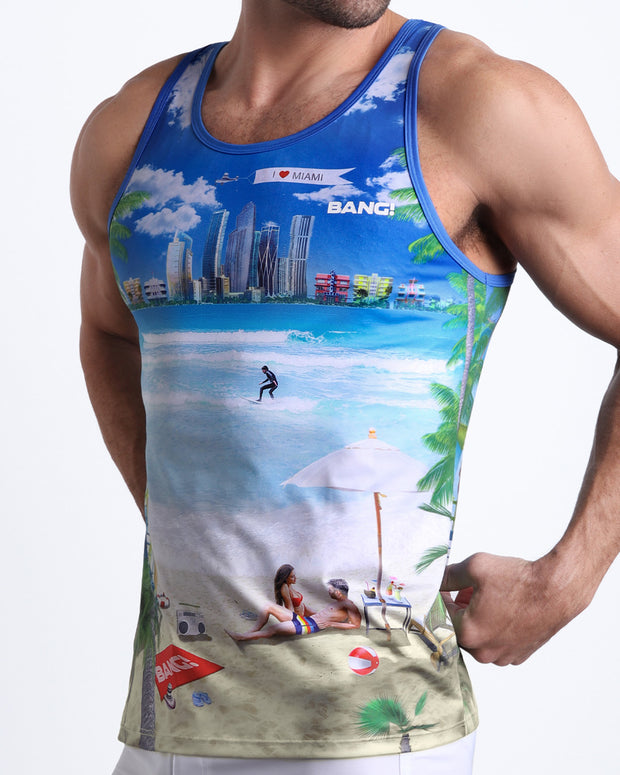 Side view of men’s casual soft cotton tank top in WISH YOU WERE HERE featuring a colorful Miami inspired artwork made by Miami based Bang brand of men&