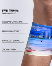 Infographic explaining the WISH YOU WERE HERE Swim Trunks swimming shorts by BANG! These Swim Trunks have a skin-hugging fit, a waistband drawstring, a zippered mini pocket, a square-cut silhouette, and quick-dry fabric.