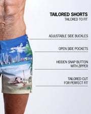 Infographic explaining the WISH YOU WERE HERE Tailored Shorts features and how they're tailored to fit every body form. They have a hidden snap button with zipper, reinforced side pockets, and welded back pockets with zipper premium quality beach shorts for men.