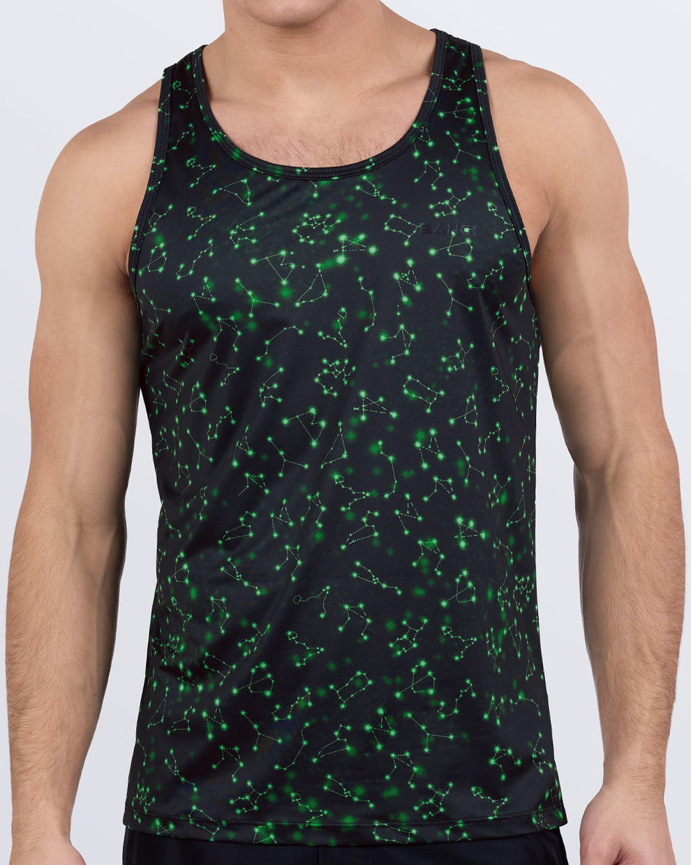 BANG “Written in the Stars” constellation print gym tank top for men – front view of lightweight, moisture-wicking workout shirt by Bang Clothing Miami.