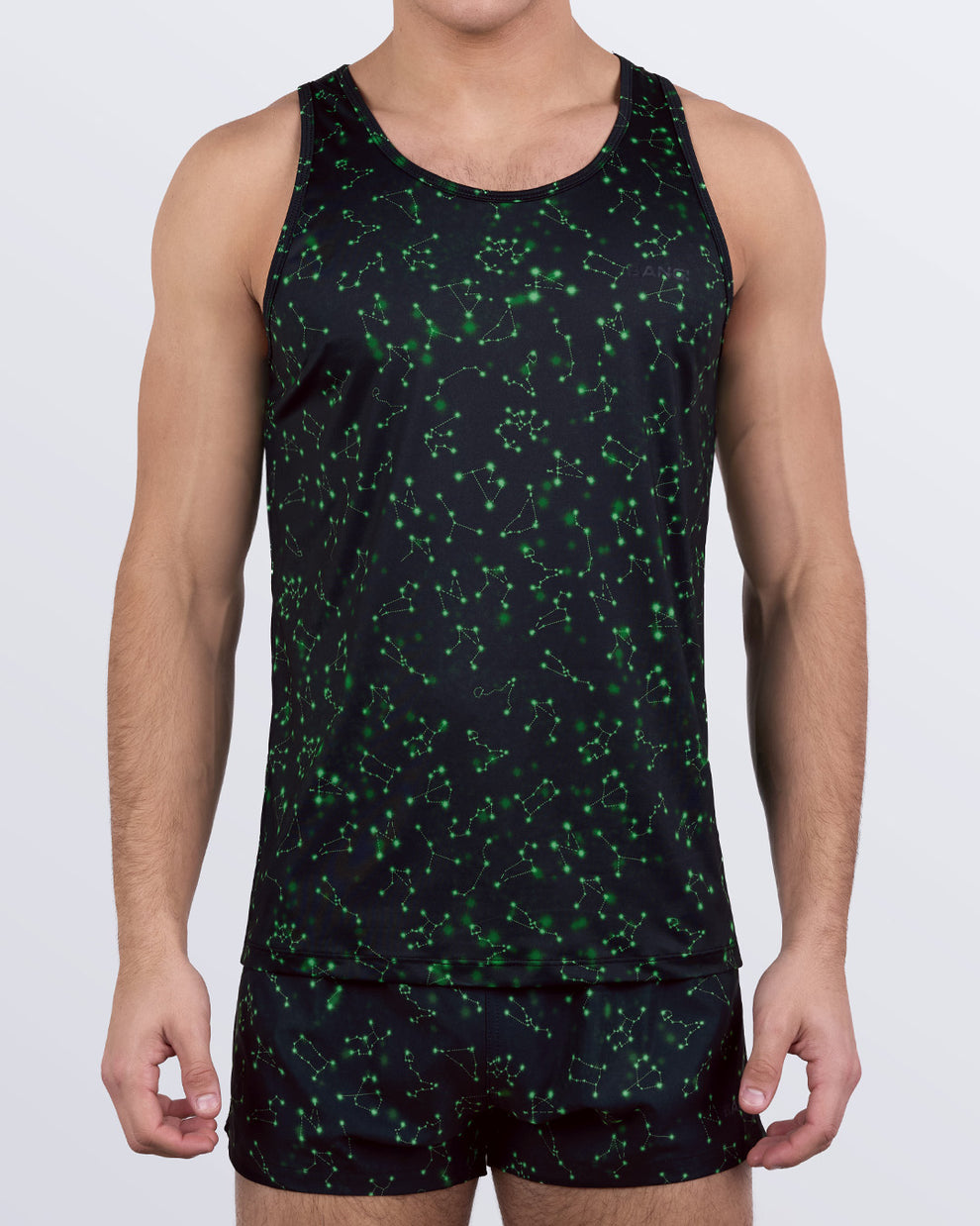 Matching set with “Written in the Stars” men’s gym tank top and athletic look swim shorts – constellation workout gear by Bang Clothing Miami.