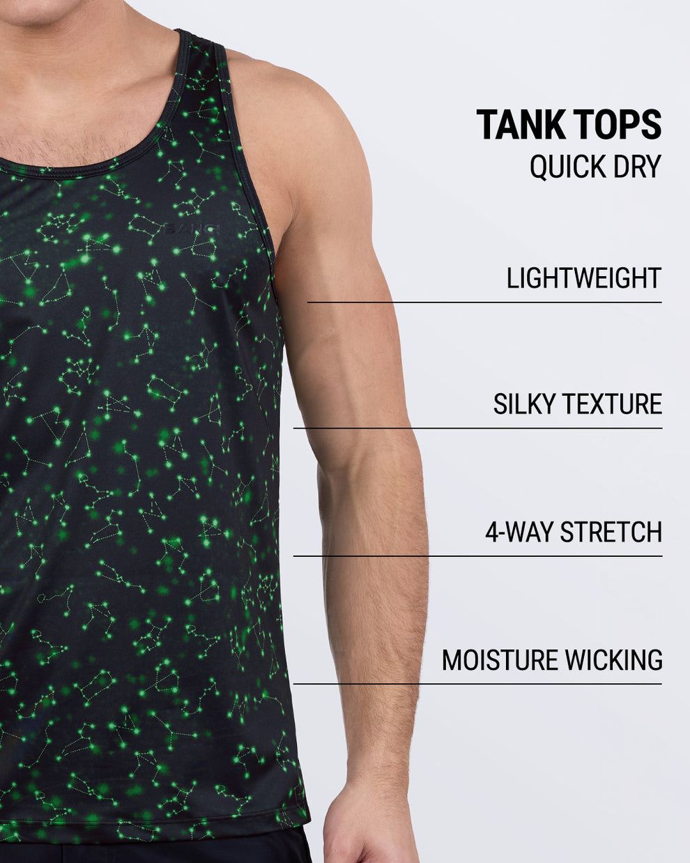 Written in the Stars tank top by BANG – breathable, quick-dry, lightweight fabric with silky texture and 4-way stretch for men’s fitness.