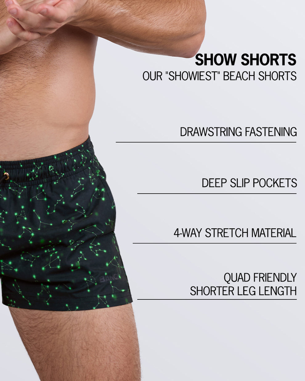 Detailed close-up of the Written in the Stars Show Shorts by BANG! Miami, highlighting key features: an elastic waistband with an adjustable drawstring, deep slip pockets, four-way stretch fabric for unrestricted movement, and a shorter leg cut designed for a stylish, athletic fit.