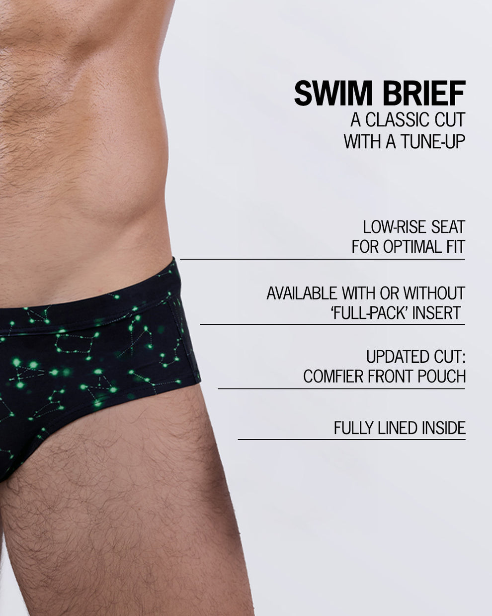 Details of BANG! Swim Briefs featuring low-rise seat, optional Full-Pack insert, and fully lined interior for enhanced fit and comfort.