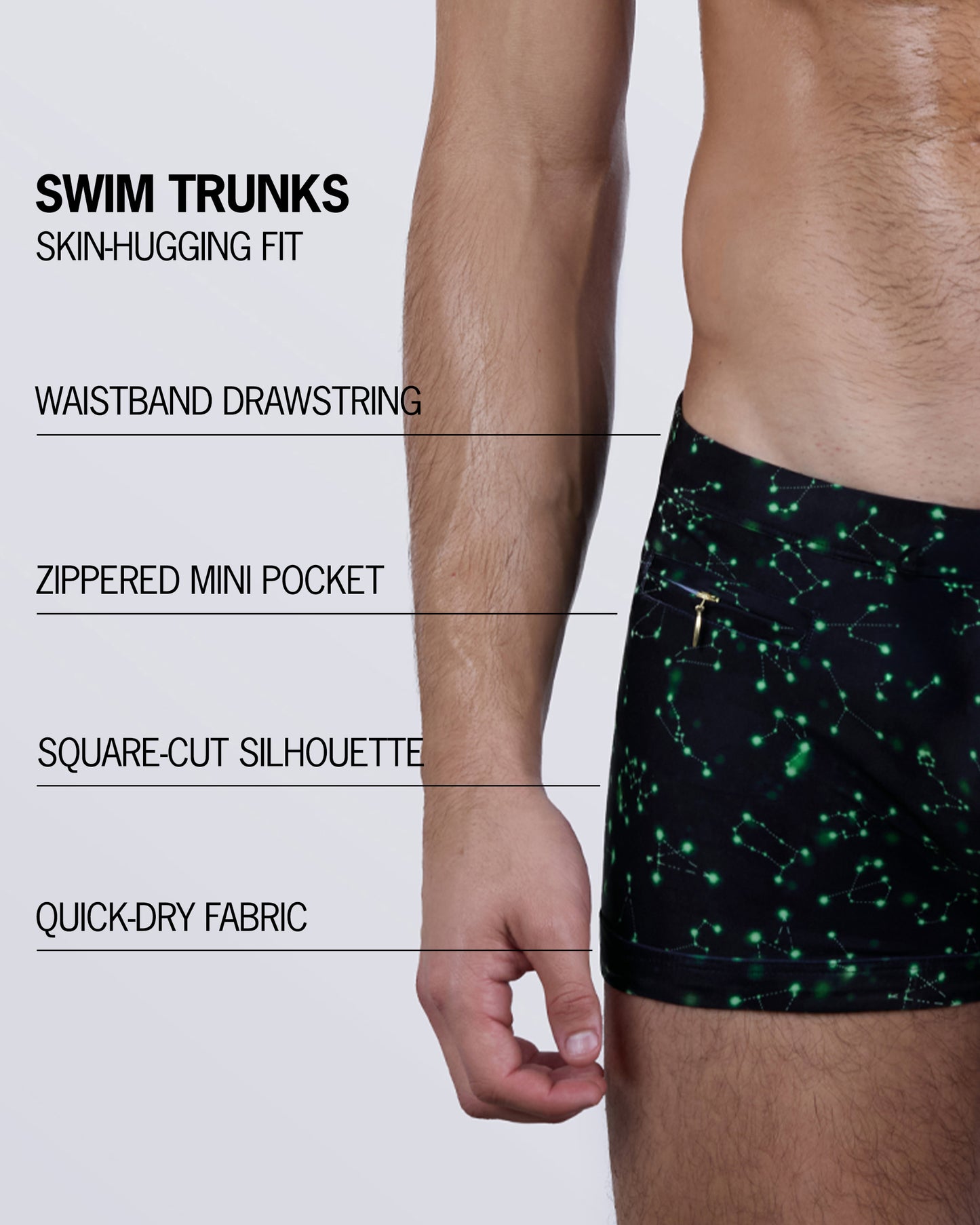 Feature breakdown of the WRITTEN IN THE STARS Swim Trunks – snug fit with square-cut silhouette, zippered mini pocket, and quick-dry stretch fabric.