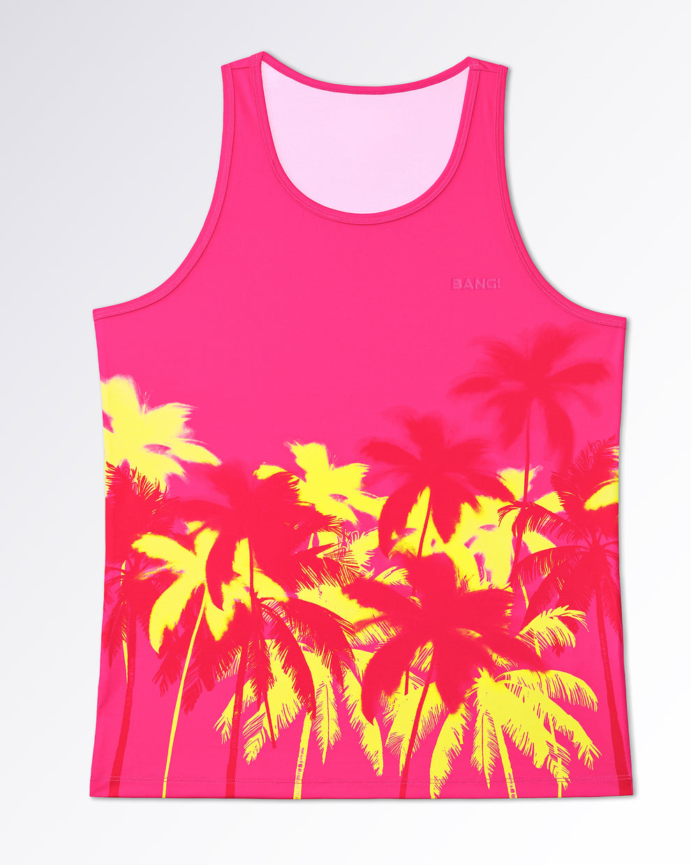 Model wearing Wuthering Heights (Fucsia) Tank Top by BANG! — bright pink performance tank with yellow palm tree print and fitted silhouette.