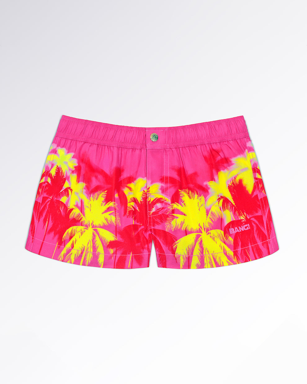 BANG! Miami Wuthering Heights (Fucsia) Mini Shorts — flat lay of neon pink mini shorts with vibrant yellow palm tree graphics and tropical sunset-inspired artwork.