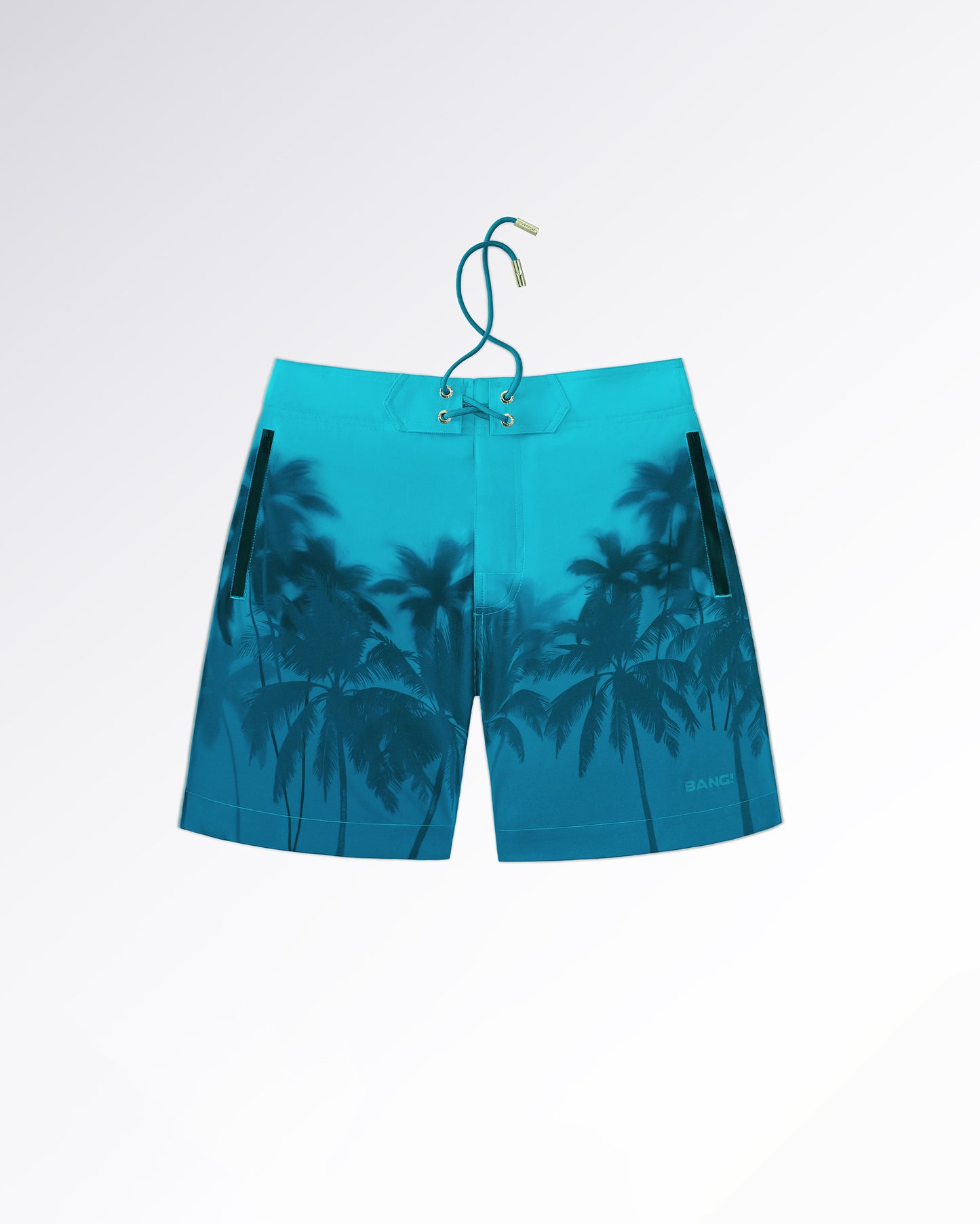 BANG! Miami Wuthering Heights (Shades) Flex Boardshorts — flat lay of turquoise flex boardshorts featuring dark tropical palm tree artwork, lace-up waistband, and zip pocket detailing.