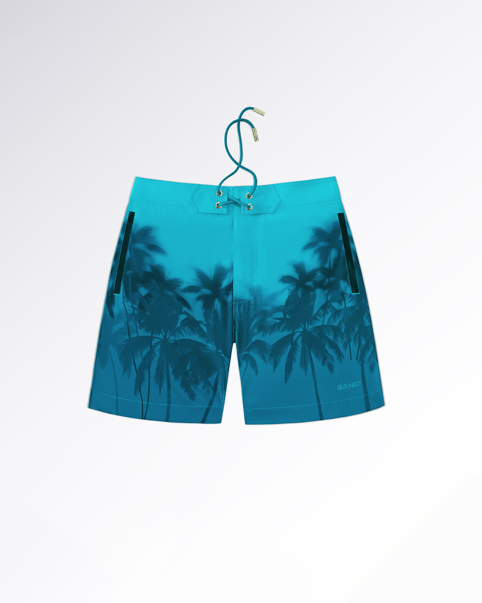 BANG! Miami Wuthering Heights (Shades) Flex Boardshorts — flat lay of turquoise flex boardshorts featuring dark tropical palm tree artwork, lace-up waistband, and zip pocket detailing.
