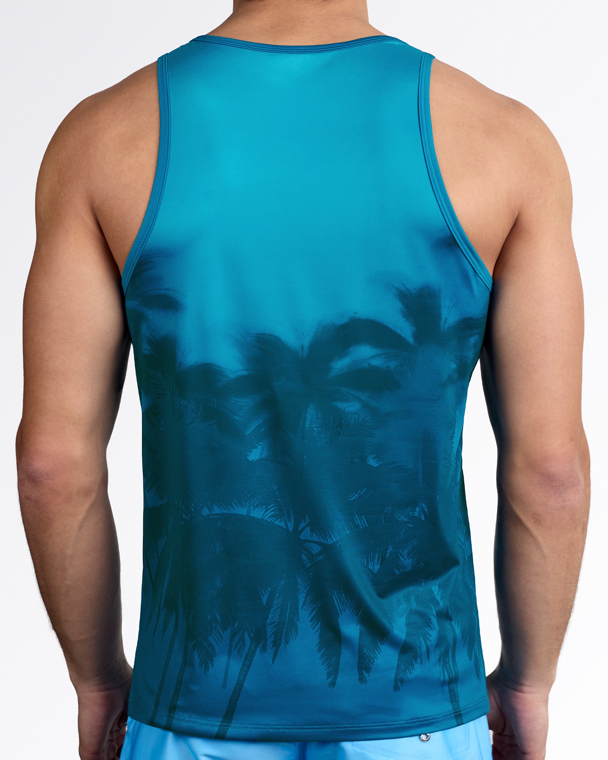 BANG Wuthering Heights (Shades) Gym Tank Top — back view showcasing full ombré effect with layered palm tree shadow print and racerback cut.
