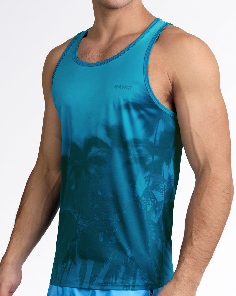 BANG Wuthering Heights (Shades) Gym Tank Top — side view highlighting athletic tailored fit, smooth stretch fabric, and deep tropical blue tones.