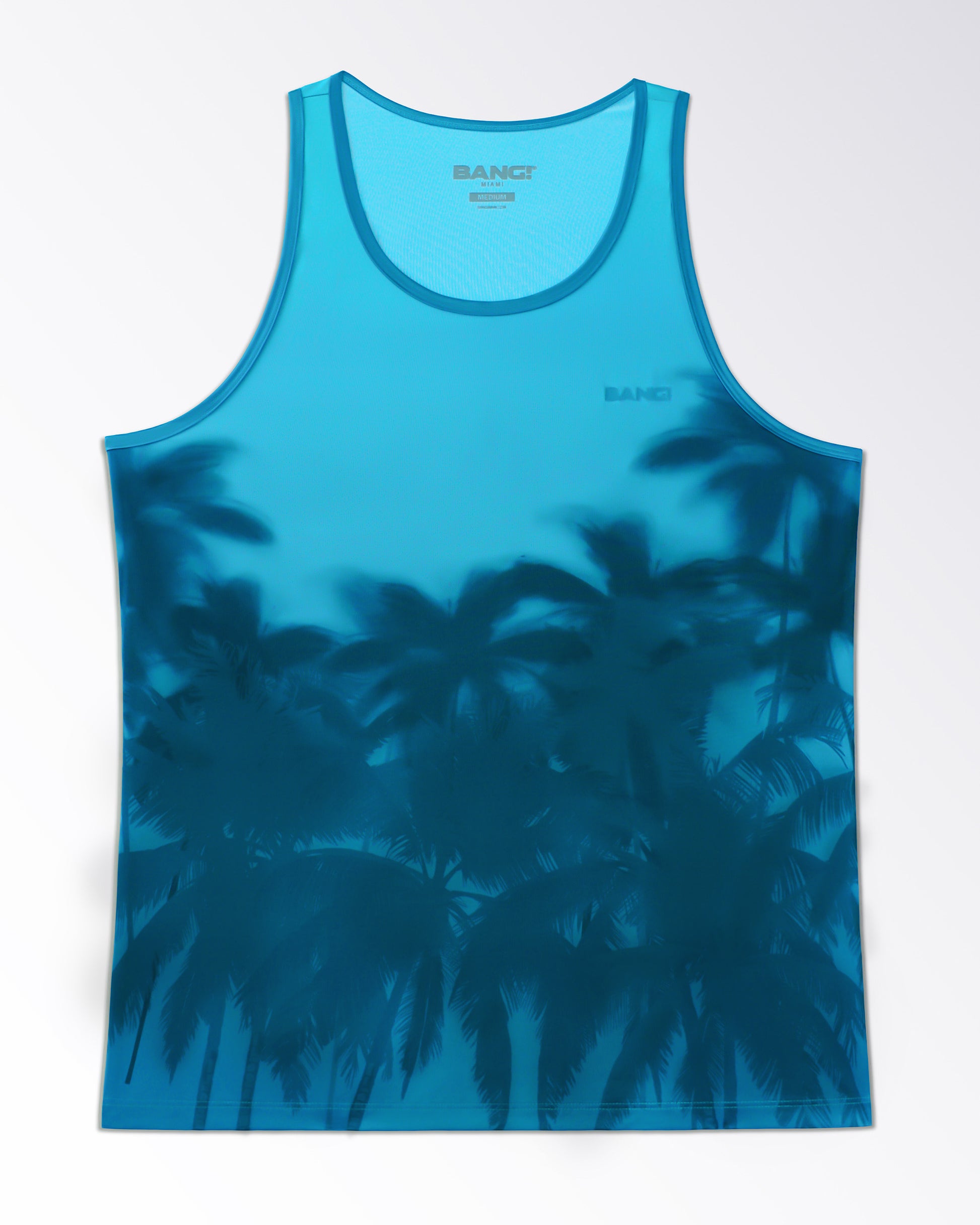 Product detail of BANG Wuthering Heights (Shades) Gym Tank Top — flat lay view displaying gradient teal design, tonal palm graphics, lightweight performance material, and breathable construction.