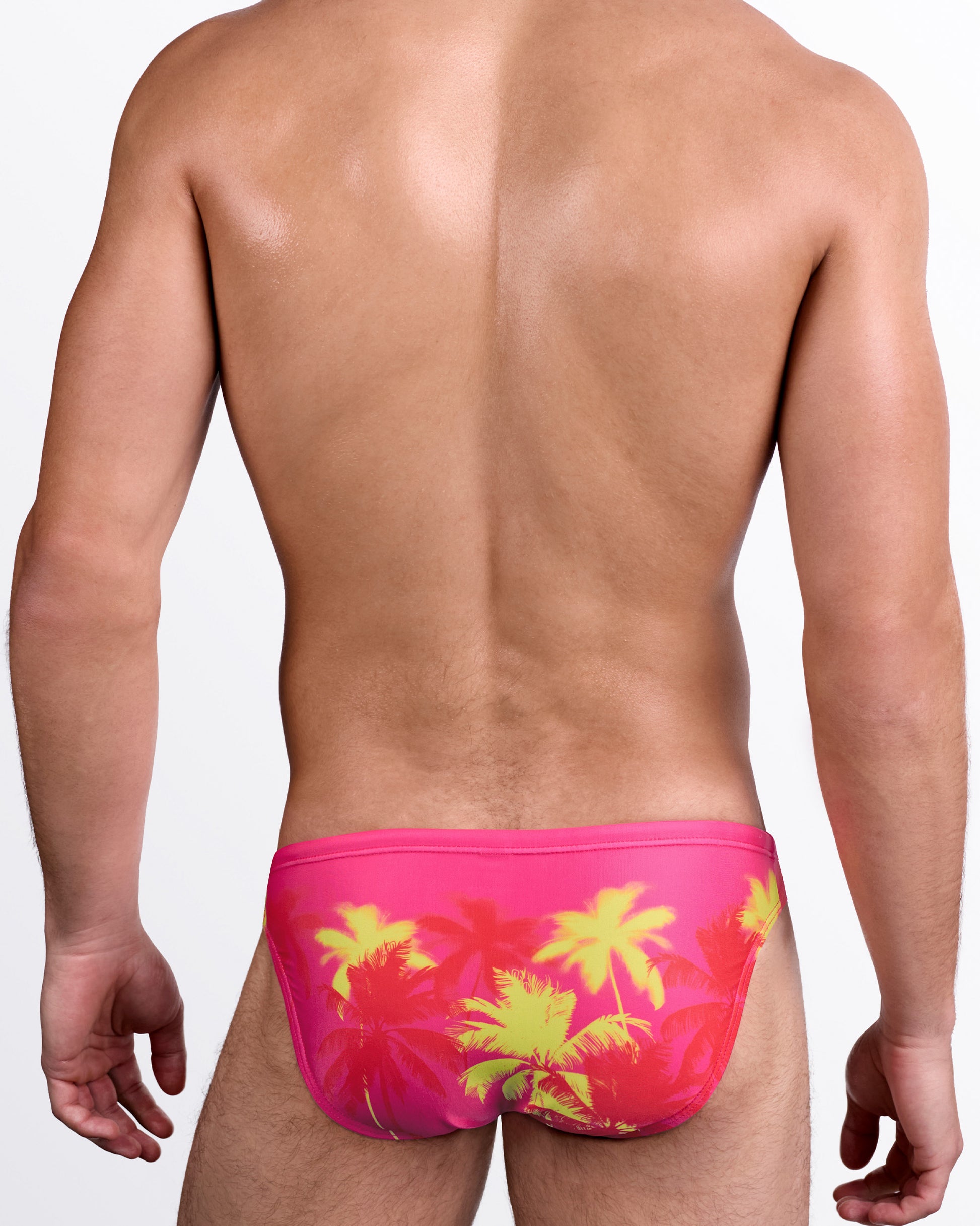 BANG Wuthering Heights (Fucsia) Swim Mini Brief — back view showing vibrant fucsia base with yellow palm silhouettes and contoured rear coverage.