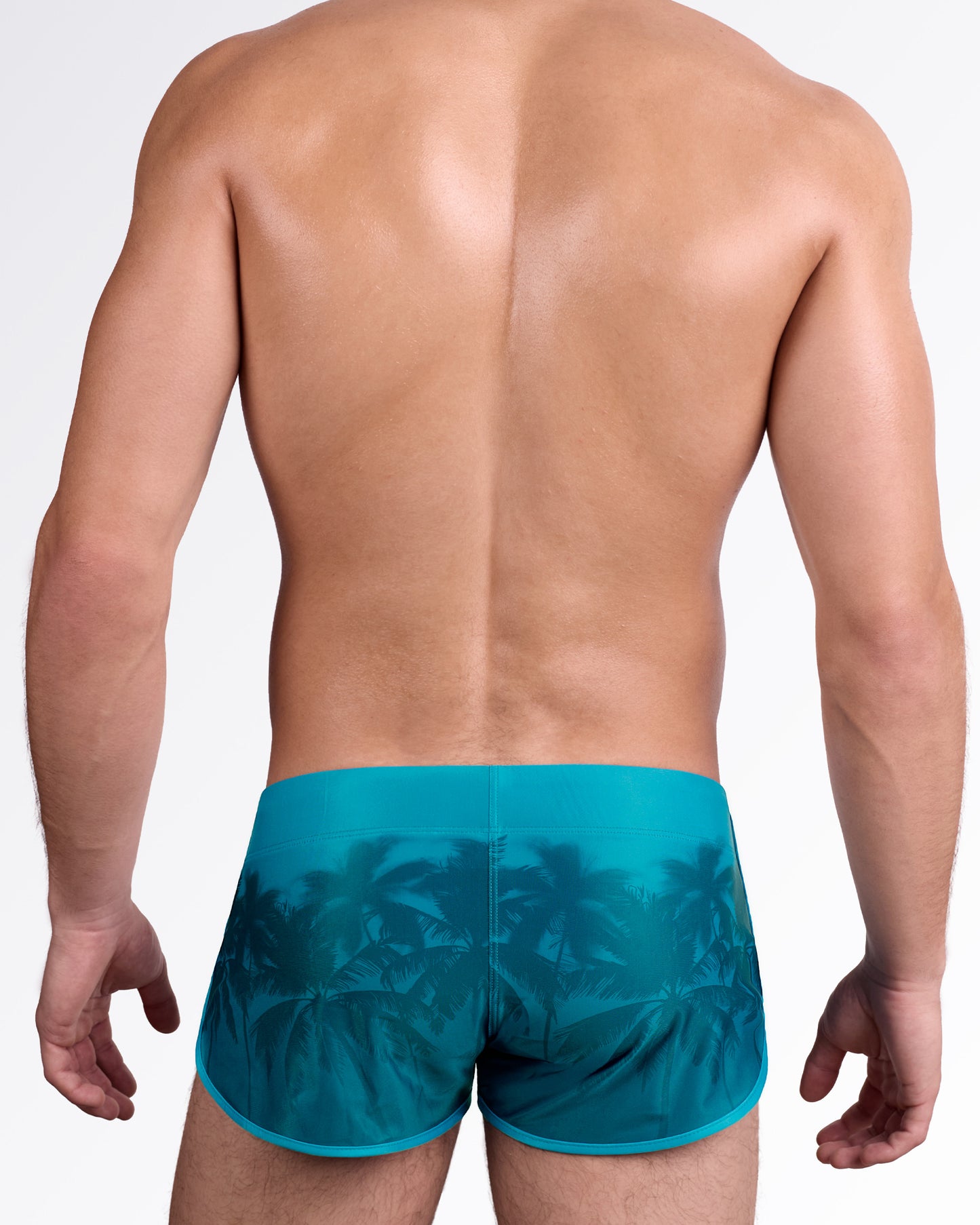 DC2 Wuthering Heights (Shades) Swim Shorts — back view showing layered palm shadow print in rich ocean-inspired tones.