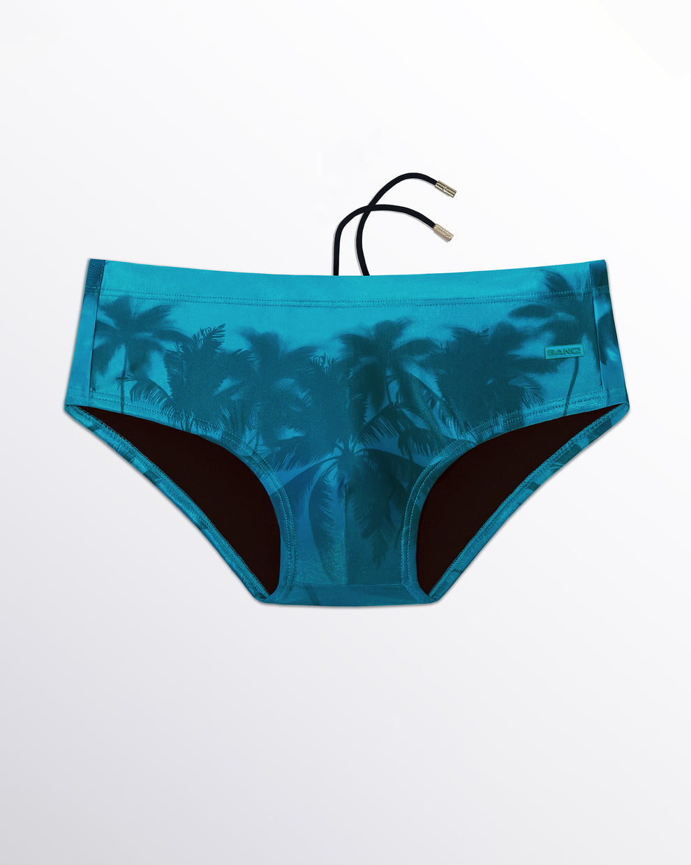 BANG! Miami Wuthering Heights (Shades) Swim Sunga — flat lay of turquoise blue swim sunga with tonal palm tree print and sleek tropical-inspired design.