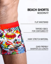 Infographic explaining the many features of these modern fit YEAH YEAH Beach Shorts by BANG! Clothes. These swimming shorts have a flat waistband, tapered sides for a contoured fit, 4-way stretch material, and quad-friendly leg length. 