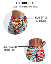 Infographic showing the flexibility of the shorts with a flat style at front and elastic back side. 