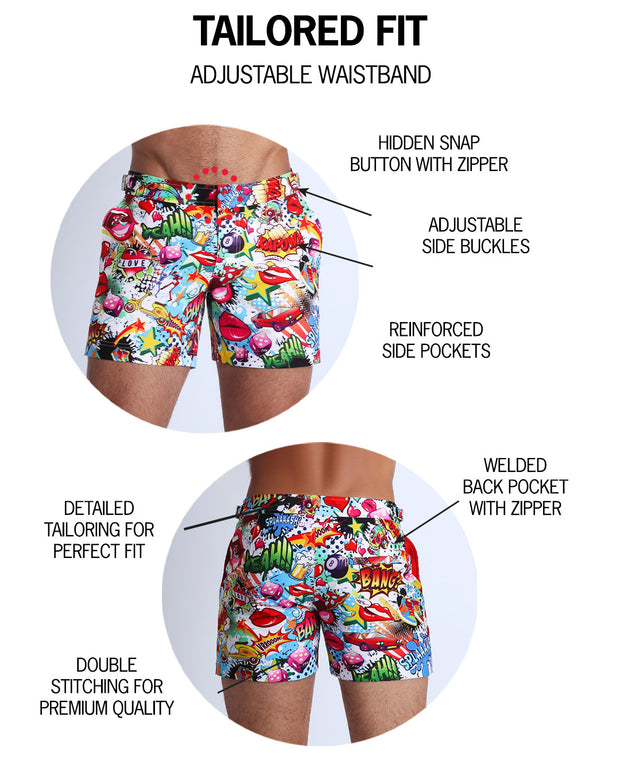 Infographic explaining comfortable and loose fit on BANG Miami tailored shorts 2021 lgbtq premium fit designer quality