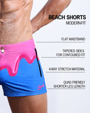 Infographic explaining the many features of these modern fit  PEOPLE YOU MELT ME Beach Shorts by BANG! Clothes. These swimming shorts have a flat waistband, tapered sides for a contoured fit, 4-way stretch material, and quad-friendly leg length. 