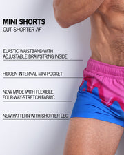 Infographic explaining the YOU MELT ME Mini Shorts features and how they're cut shorter. They have an elastic waistband with an adjustable drawstring inside, they have a hidden internal mini-pocket, now made with flexible four-way stretch fabric and a new pattern with shorter legs.