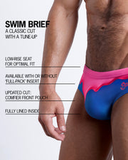 Infographic explaining the classic cut with a tune-up Swim Brief by BANG! Clothes. These men swimsuit is low-rise seat for optimal fit, available with or without 'Full-Pack' insert, comfier front pouch, and fully lined inside.