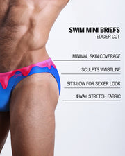 Infographic explaining the features of the YOU MELT ME Swim Mini Brief made by BANG! Clothes. These edgier cut mens swimsuit are minimal skin coverage, sculpts waistline, sits low for sexier look, and 4-way stretch fabric.