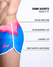 Infographics explaining how perfect the BANG! Clothes Swim Shorts in YOU MELT ME are. They're top-grade thread, are quick-dry, have brief-shaped liner & have waist-band drawstring.