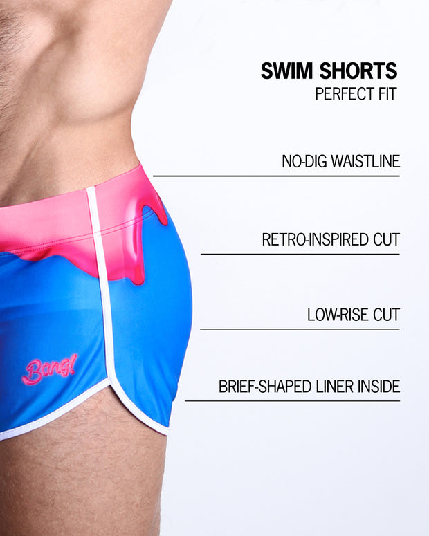 Infographics explaining how perfect the BANG! Clothes Swim Shorts in YOU MELT ME are. They&