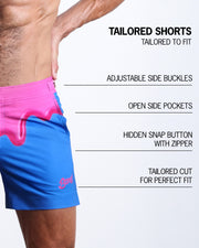 Infographic explaining the YOU MELT ME Tailored Shorts features and how they're tailored to fit every body form. They have a hidden snap button with zipper, reinforced side pockets, and welded back pockets with zipper premium quality beach shorts for men.