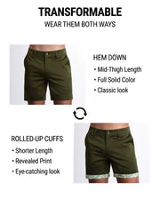 ZADDY GREEN Street shorts by DC2 are tranformable. You're able to wear wear them 2 ways: Hem down or rolled-up cuffs. Hem down have a mid-thigh length, full solid color, and provide a classic chino shorts look. Rolled-up cuffs provide a shorter length, provide a fun print and eye-catching look.