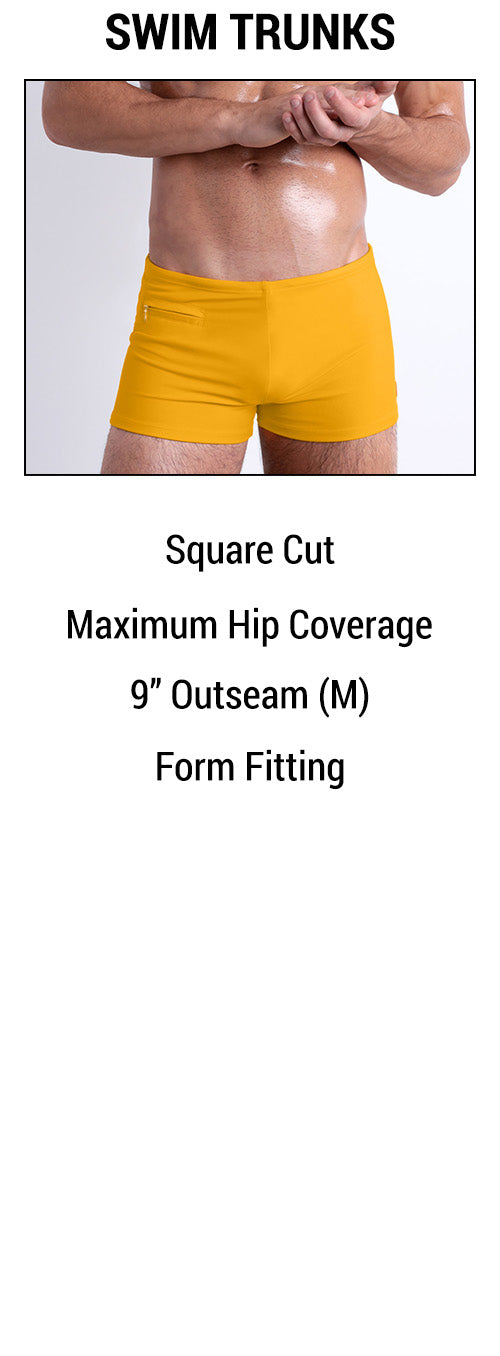 An infographic showing the BANG! Swim Trunks features.