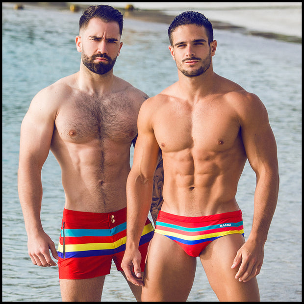 Frontal view of two male models wearing Stripe&